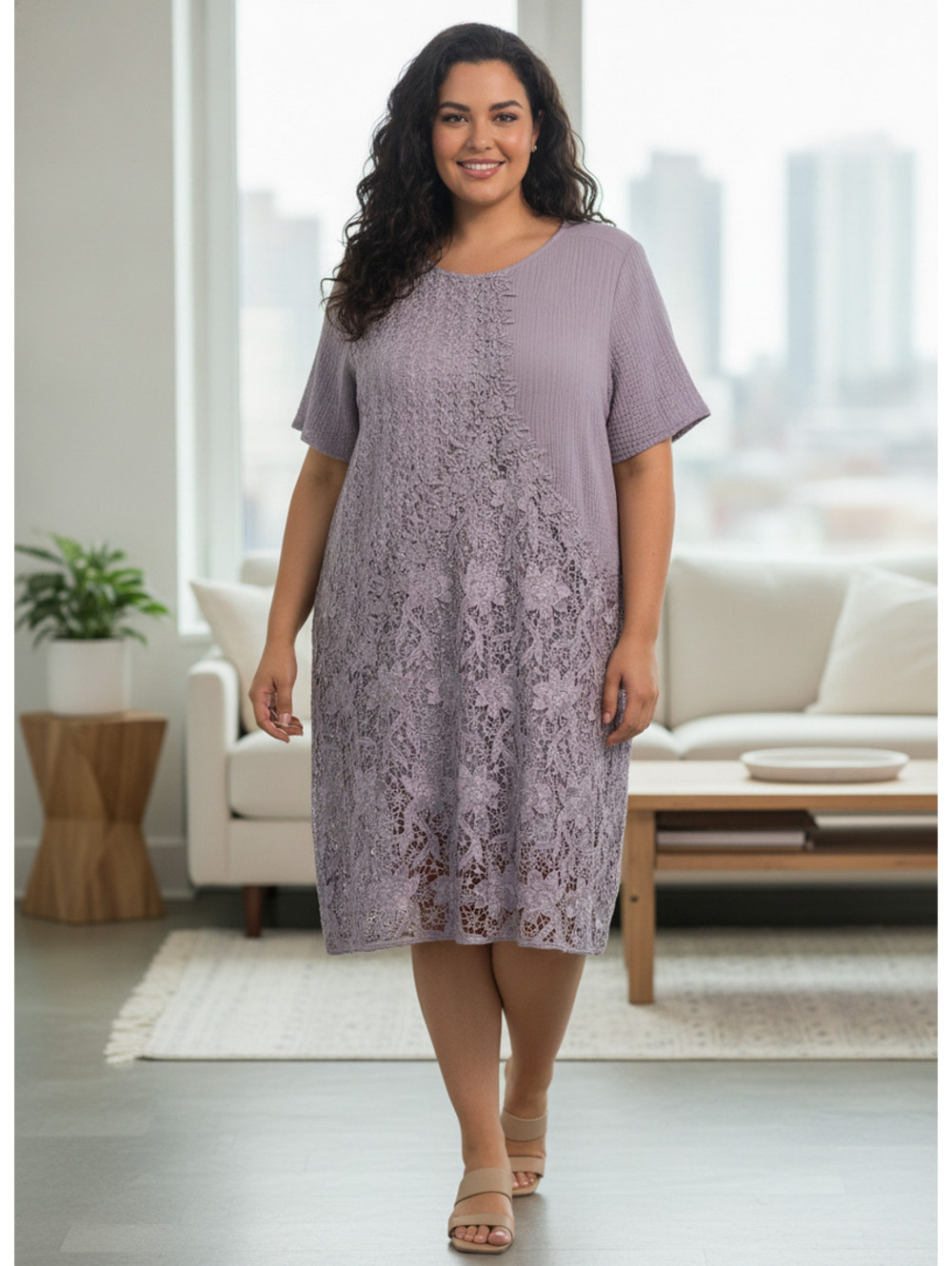1577 - Plus Size Lavender Lace and Knit Midi Dress - Gauze Material - Size XXL